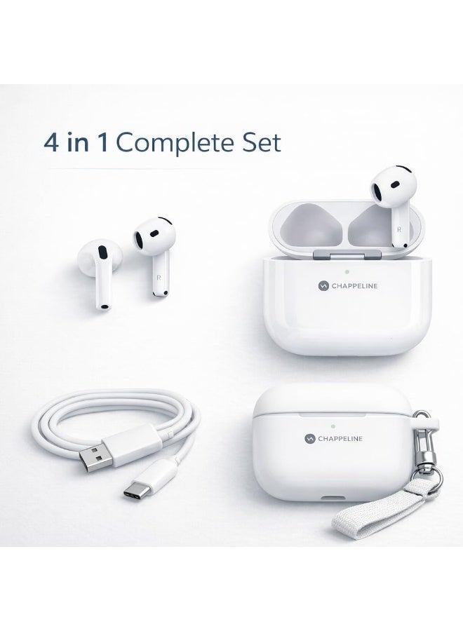 تشابي لاين  Chappeline سماعات رأس لاسلكية ستيريو TWS BL13، بلوتوث 5.3، مع حافظة سيليكون وحزام وكابل شحن Type-C، أبيض، 4 في 1 - Image 3